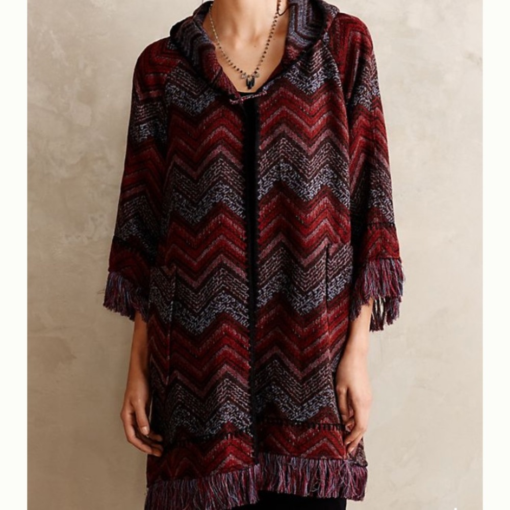Anthropologie Red and Black Chevron Fringe Open Jacket